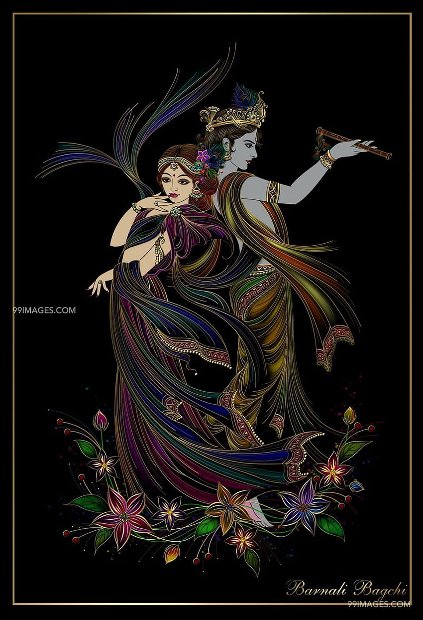 Krishna and Radha playing flute, divine love.