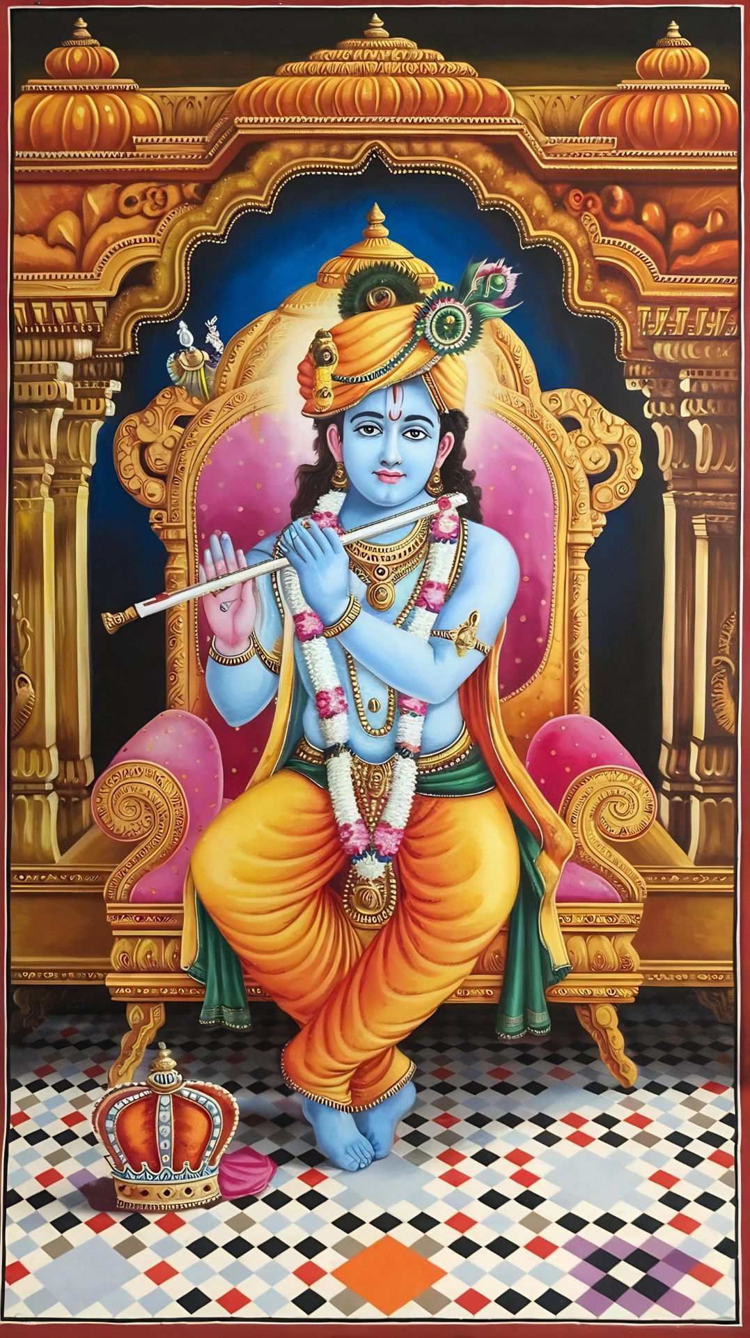 Lord Krishna seated on ornate throne