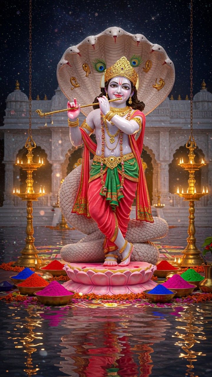 Krishna playing flute under Sheshnag