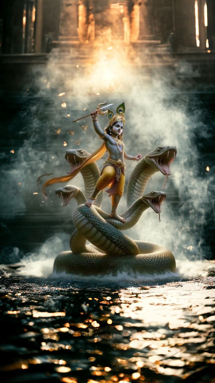 Little Krishna stands on Sheshnag.