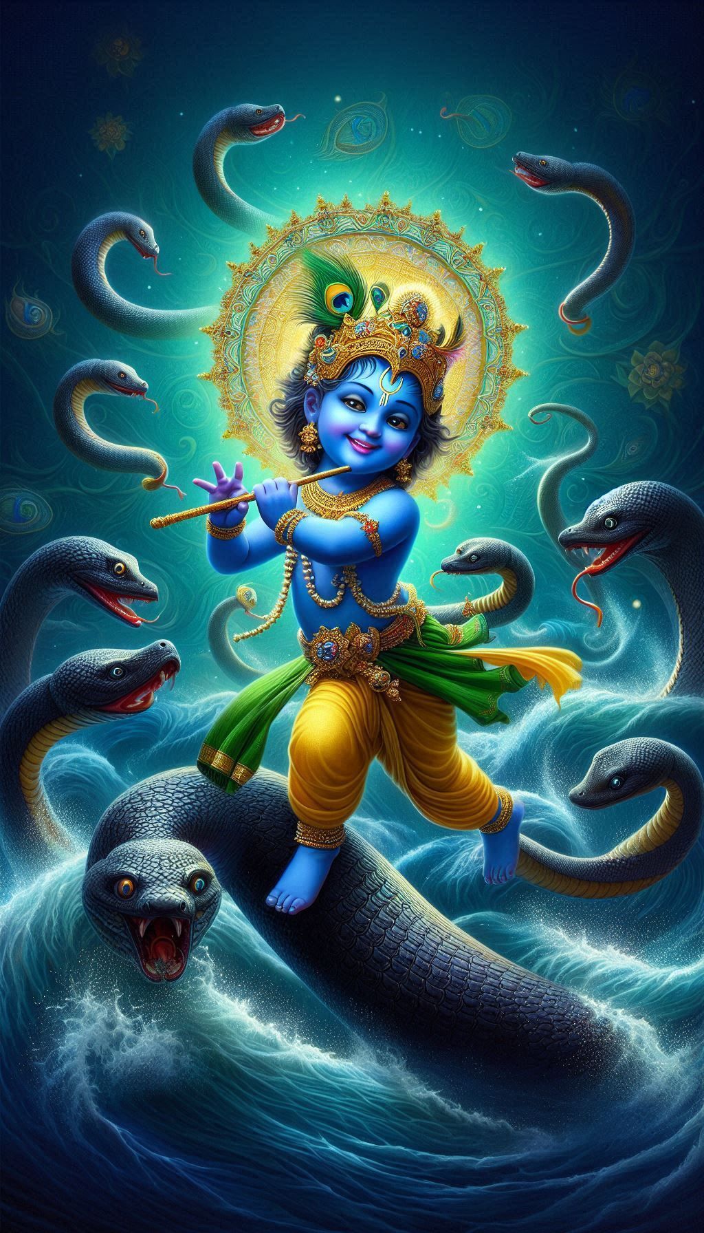 Krishna playing flute with Sheshnag