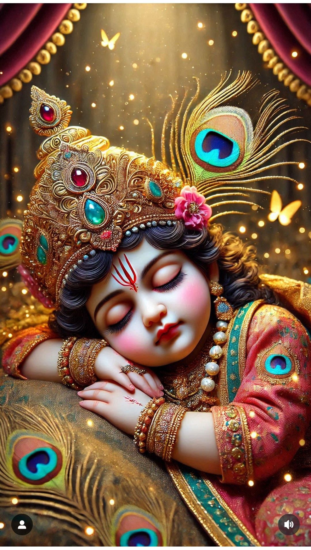 Sleeping baby Krishna with peacock feathers