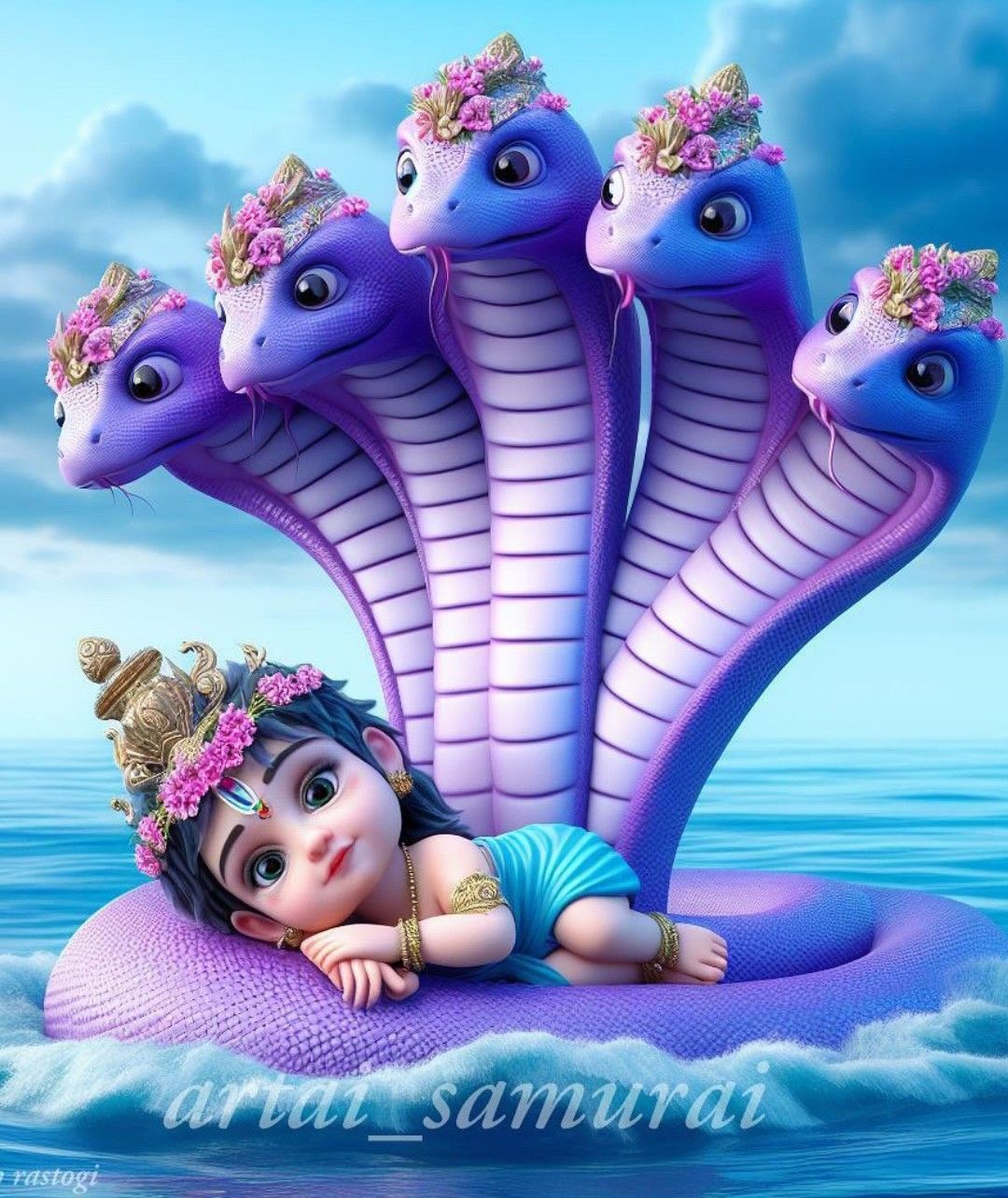 Baby Krishna resting on Sheshnag