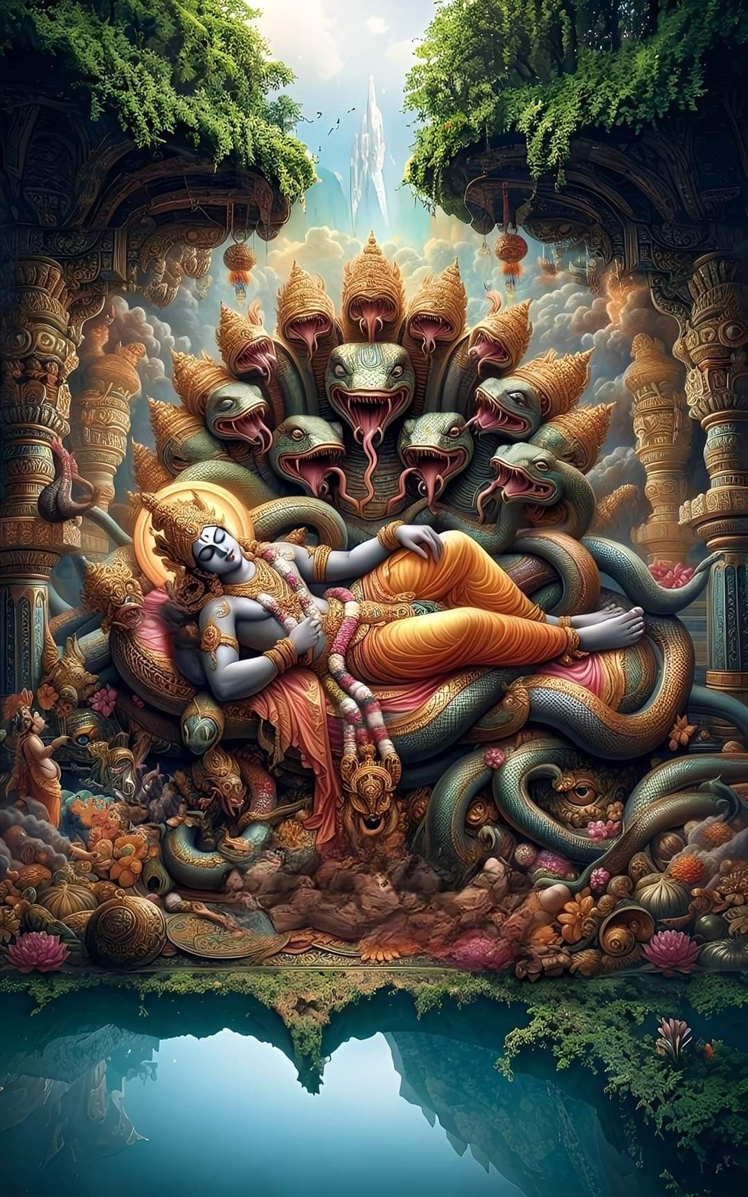 Krishna resting on Sheshnag\'s coils