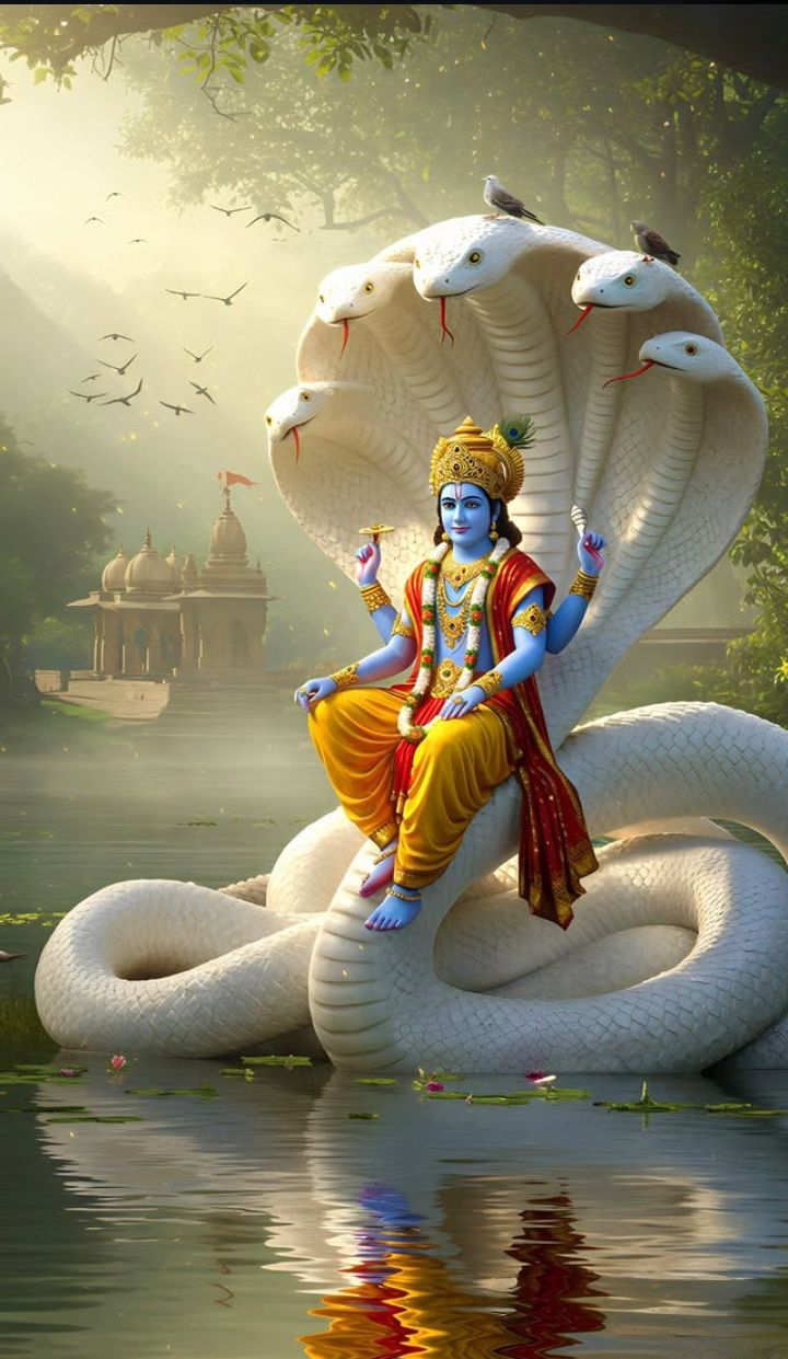 Krishna resting on Sheshnag serpent