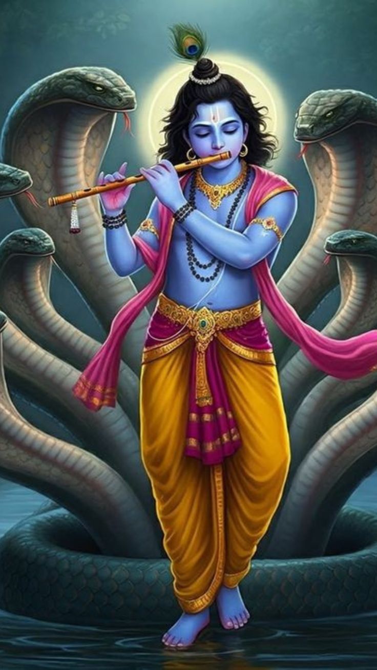 Krishna playing flute before Sheshnag