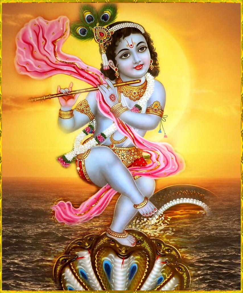 Baby Krishna playing flute on Sheshnag