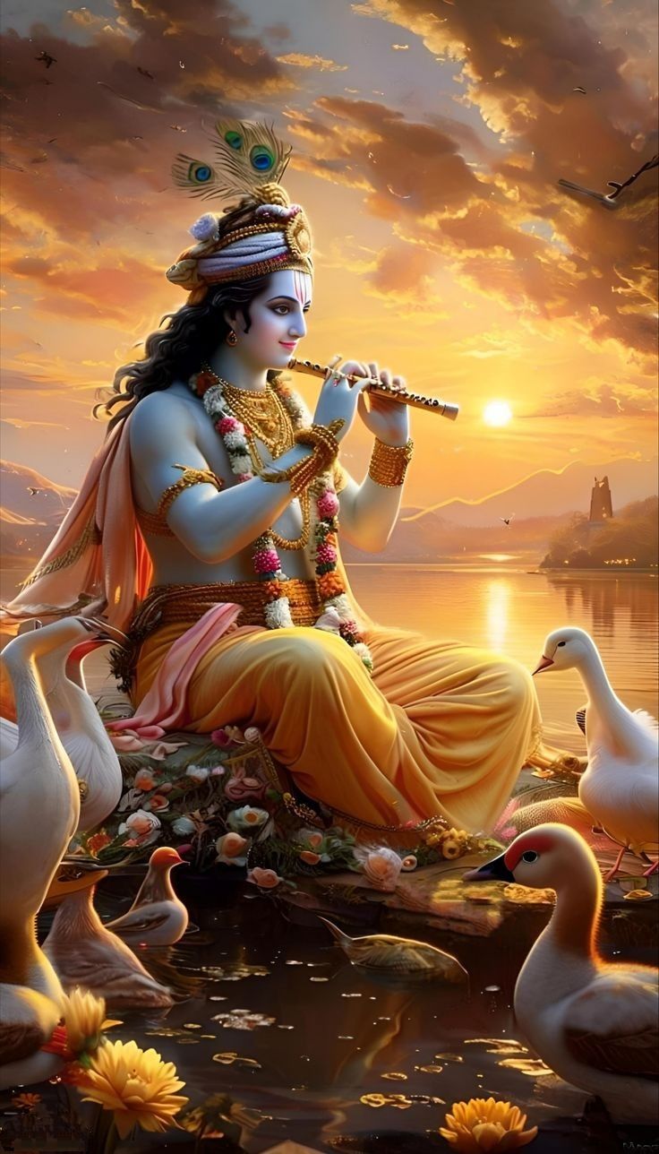 Krishna playing flute at sunset.