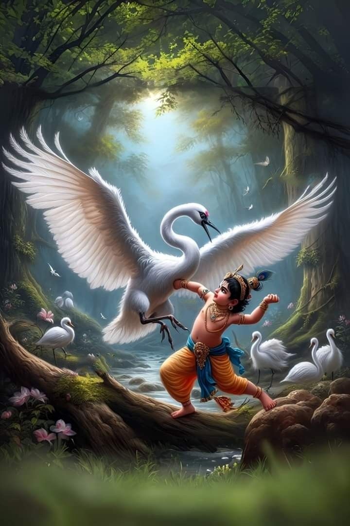Krishna playing with swans in forest