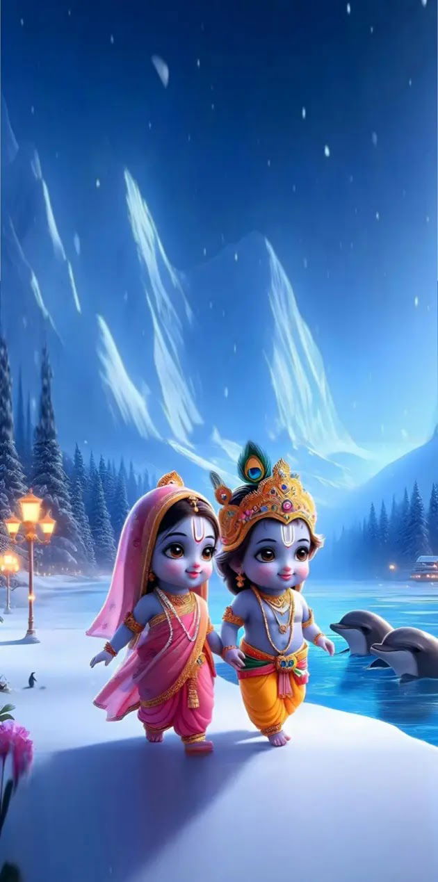 Cute baby Krishna walking in snow