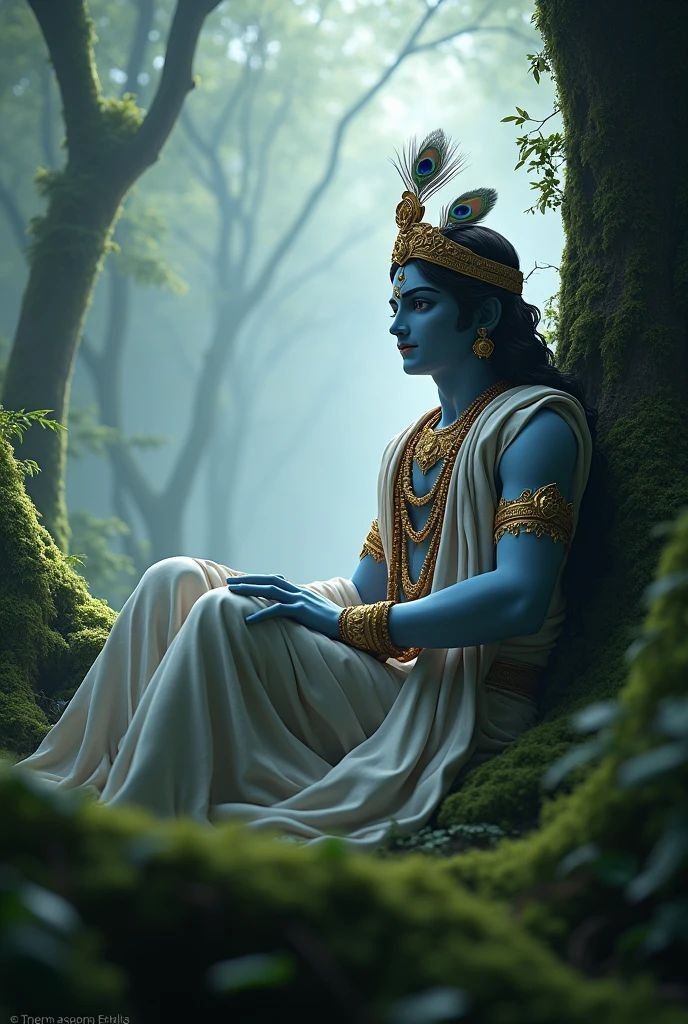 Krishna meditating in a lush forest