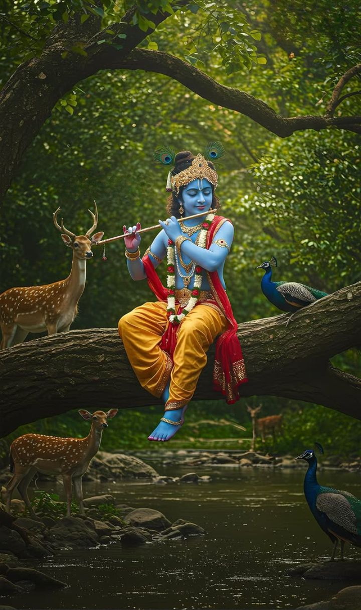 Krishna plays flute in a lush forest