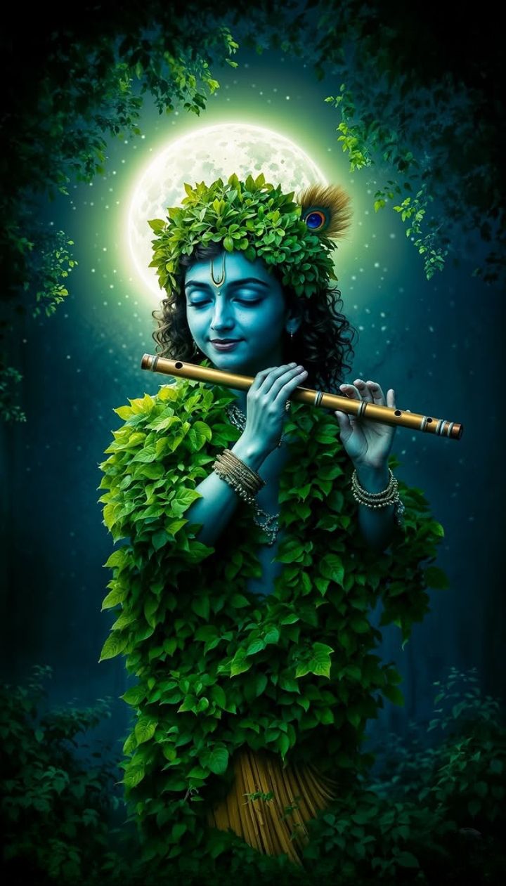 Krishna playing flute in forest