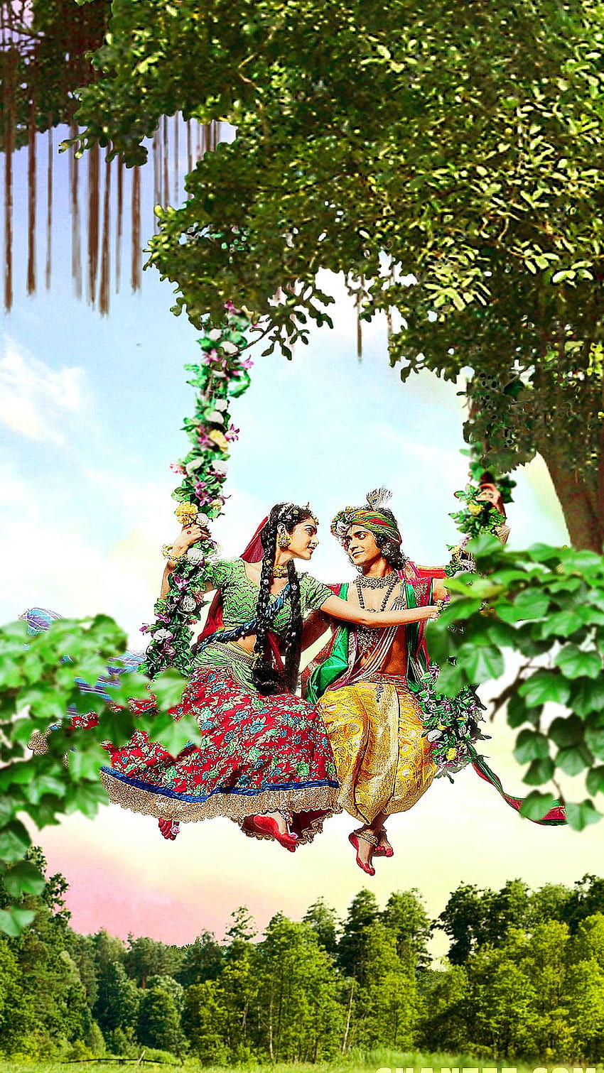 Krishna and Radha on a floral swing