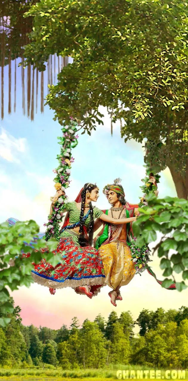 Krishna and Radha on a floral swing