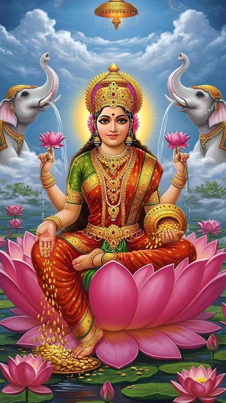 Lakshmi Maa seated on a lotus.