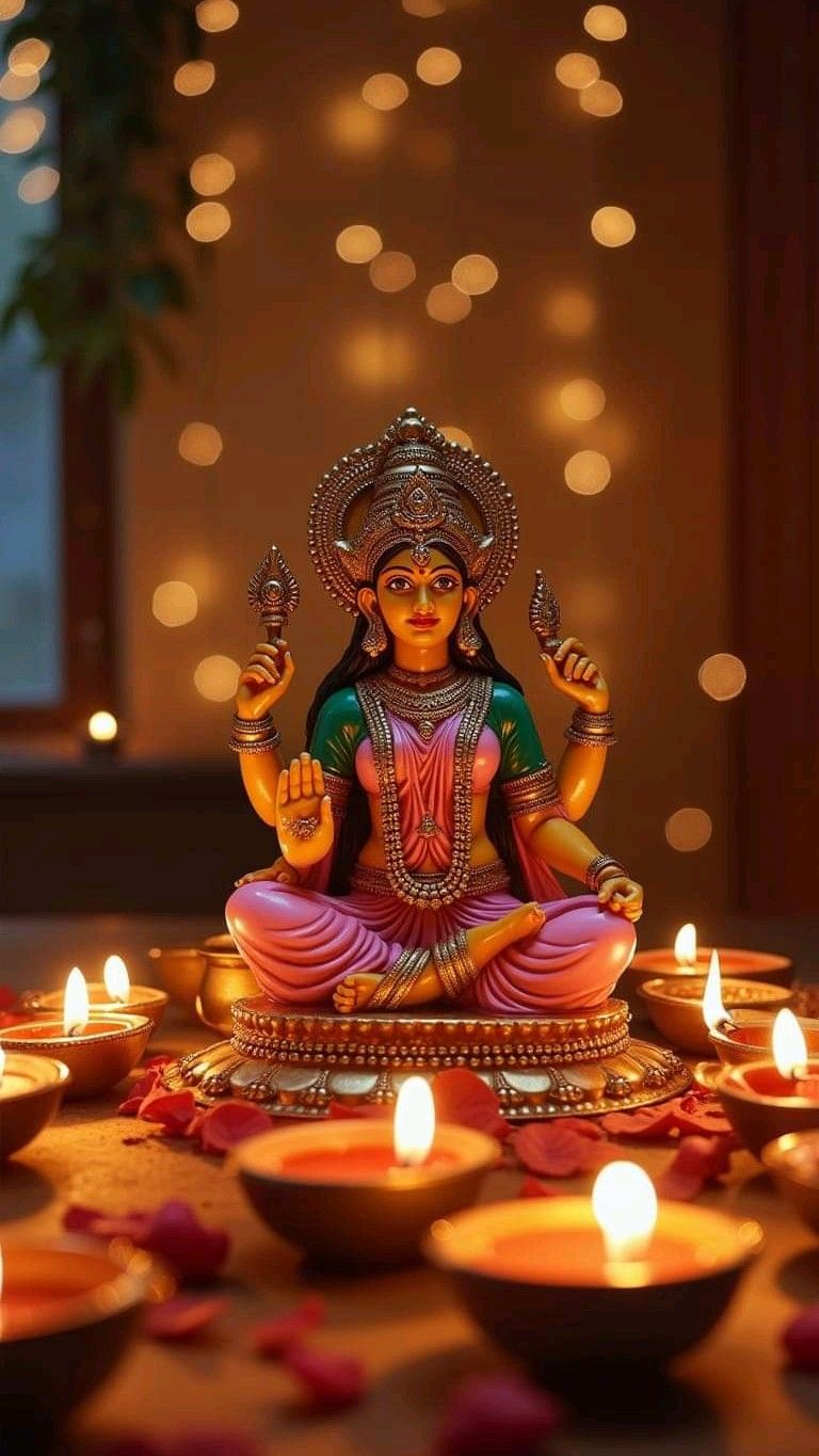 Goddess Lakshmi seated amidst diyas