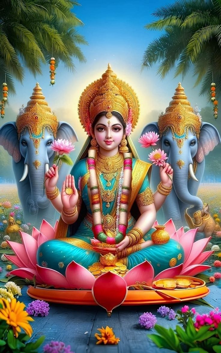 Lakshmi Maa seated on a lotus flower.