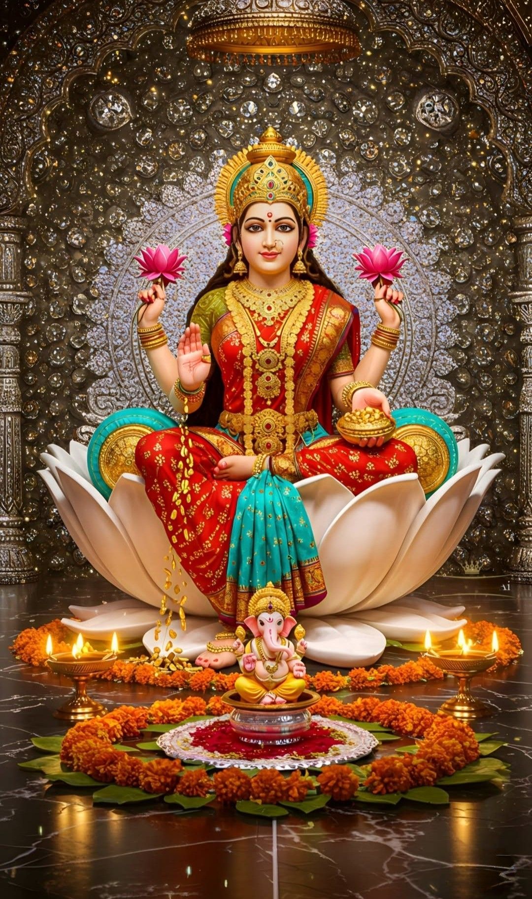 Lakshmi Maa seated on lotus with Ganesha