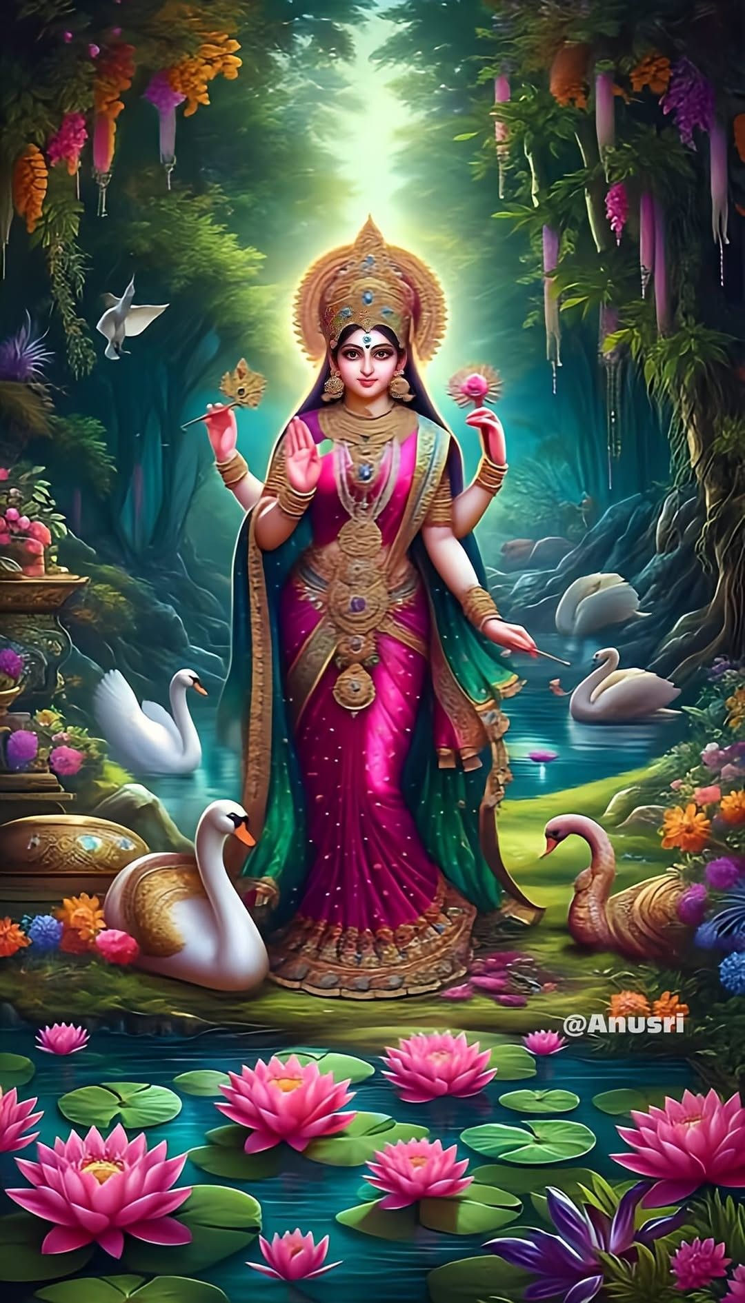 Goddess Lakshmi amidst lotus and swans