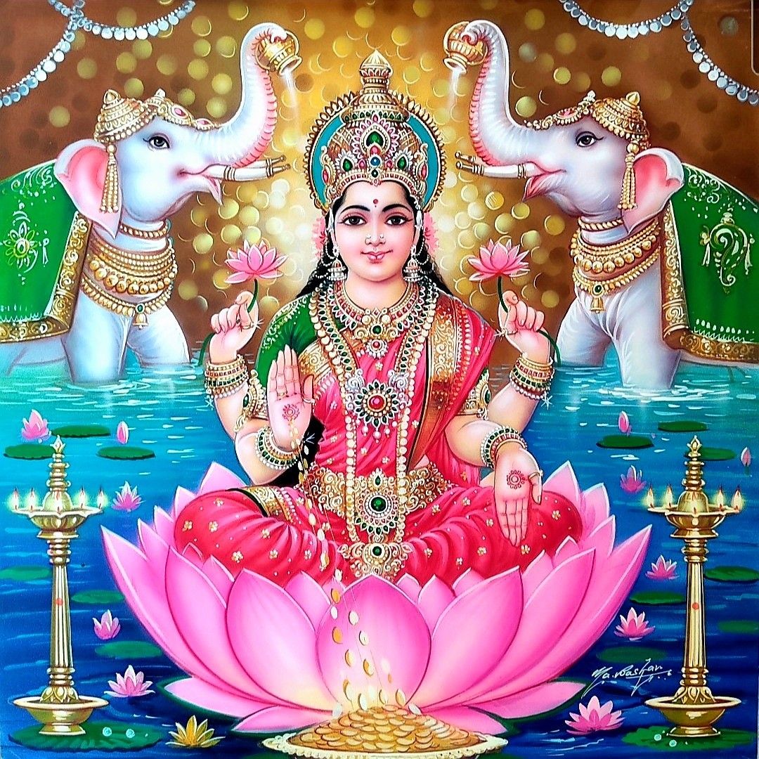 Goddess Lakshmi seated on lotus flower