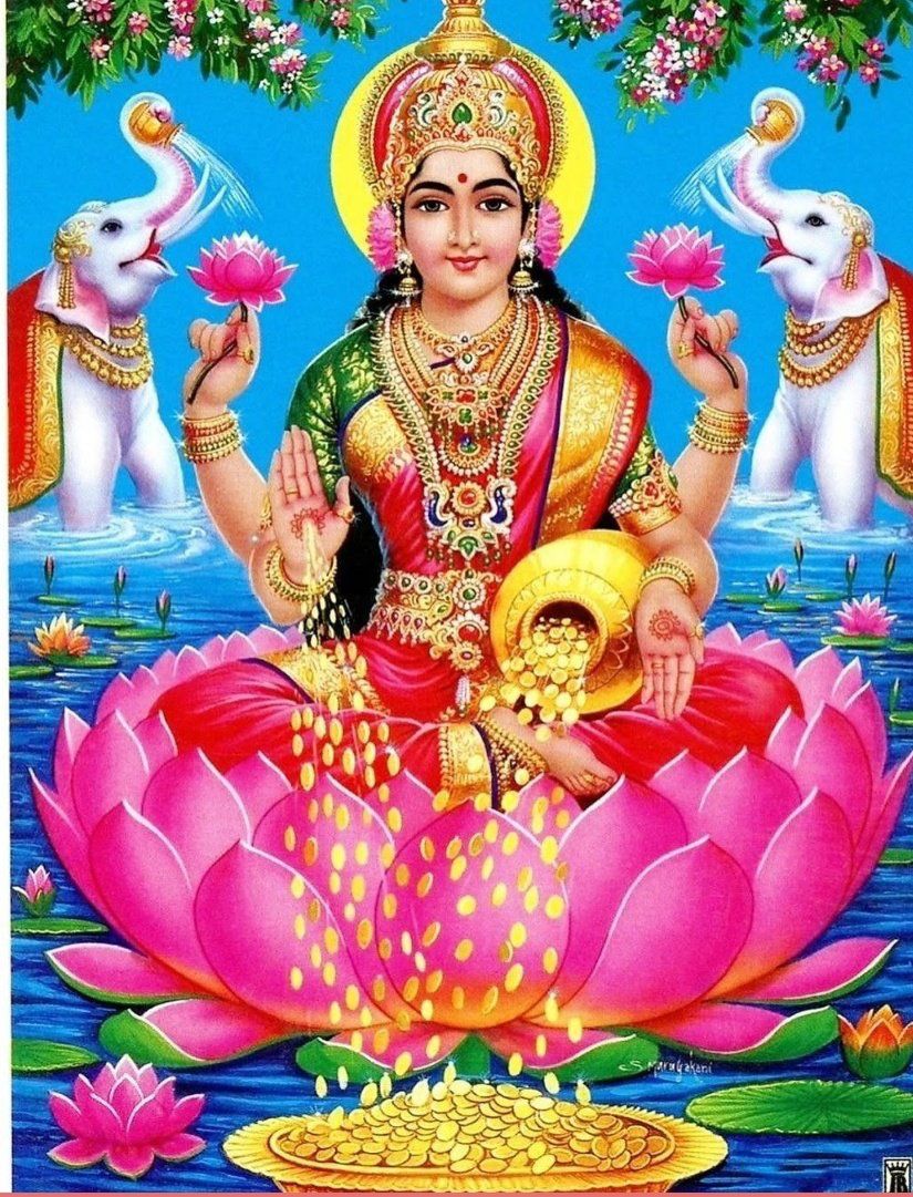 Lakshmi Maa seated on lotus with elephants
