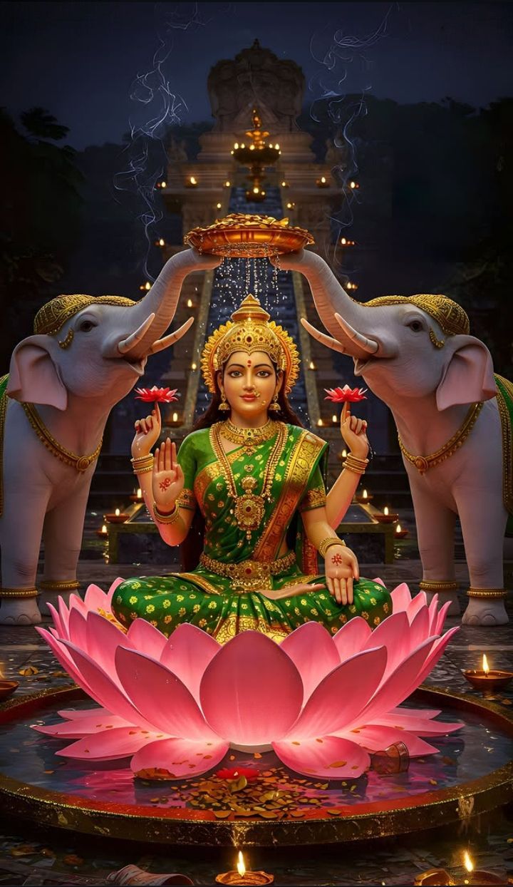 Lakshmi Maa seated on lotus with elephants