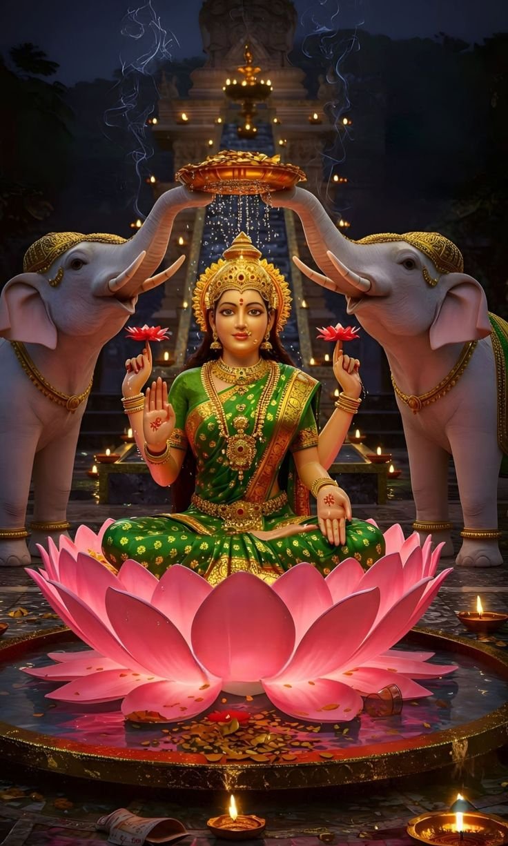 Lakshmi Maa seated on lotus with elephants