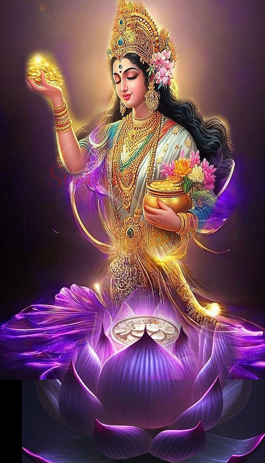 Lakshmi Maa with gold coins and lotus