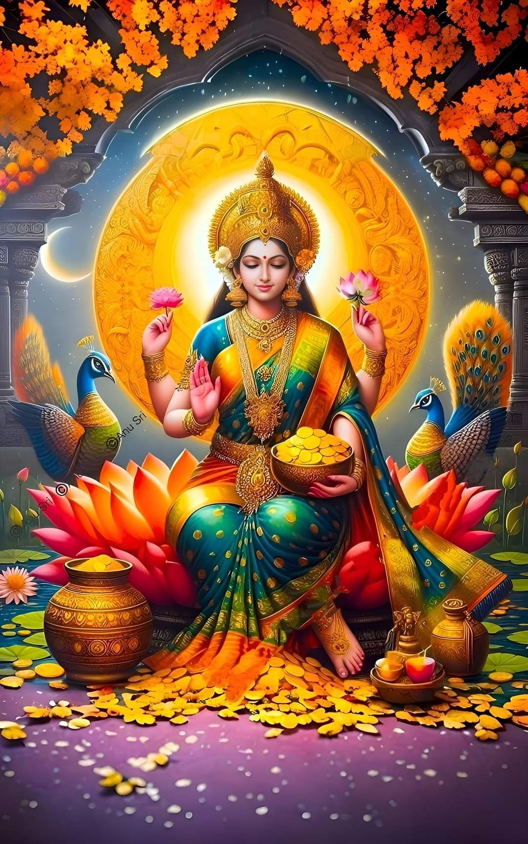 Goddess Lakshmi seated with lotus flowers