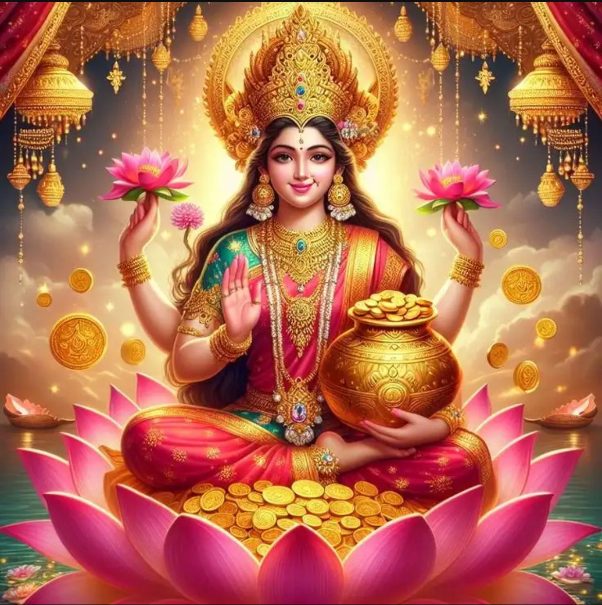 Goddess Lakshmi seated on lotus flower