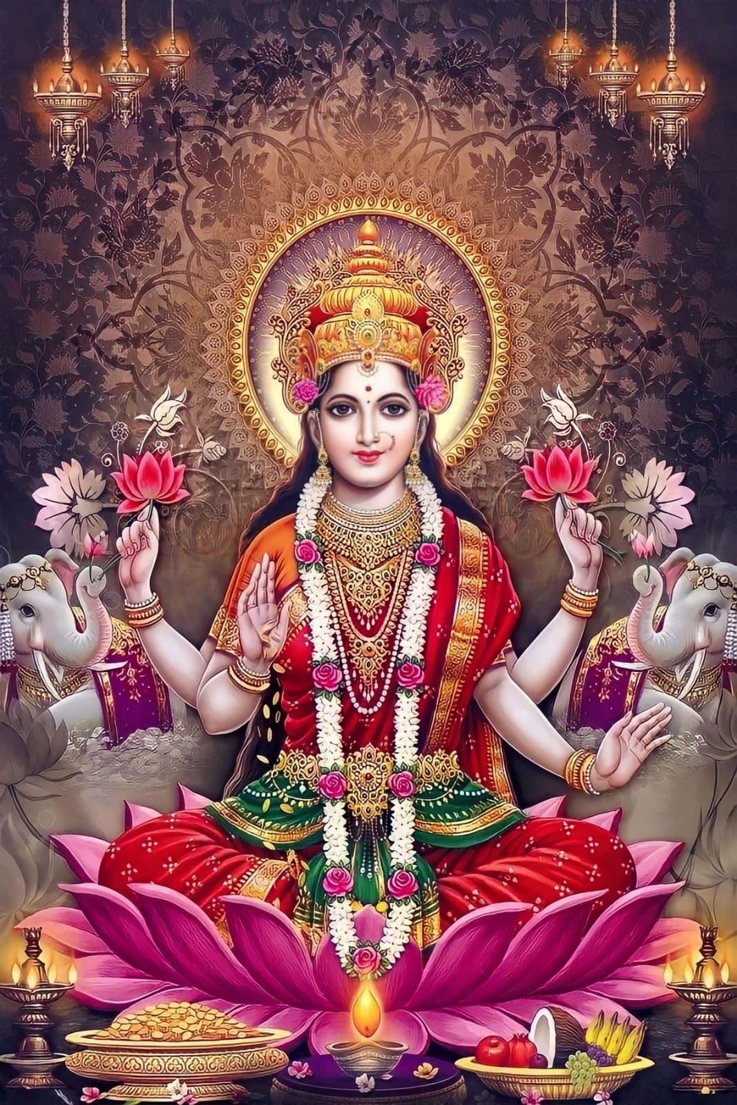 Goddess Lakshmi seated on lotus flower.