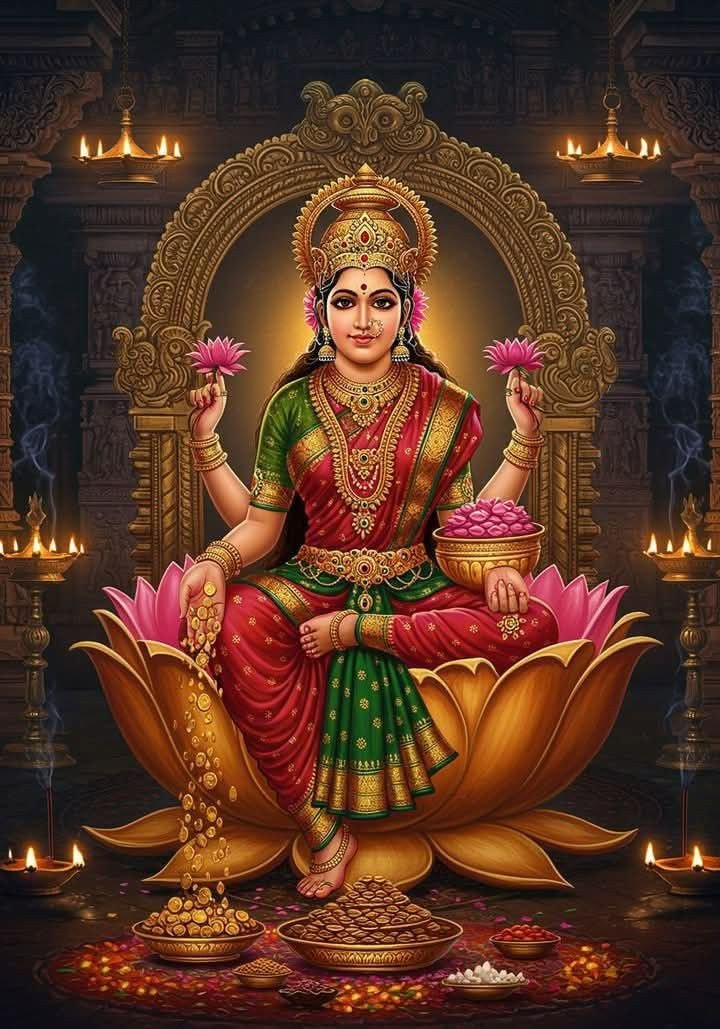 Goddess Lakshmi seated on lotus flower