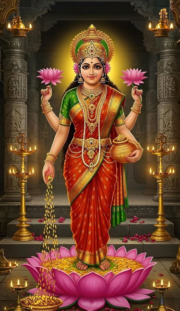 Goddess Lakshmi showering gold coins