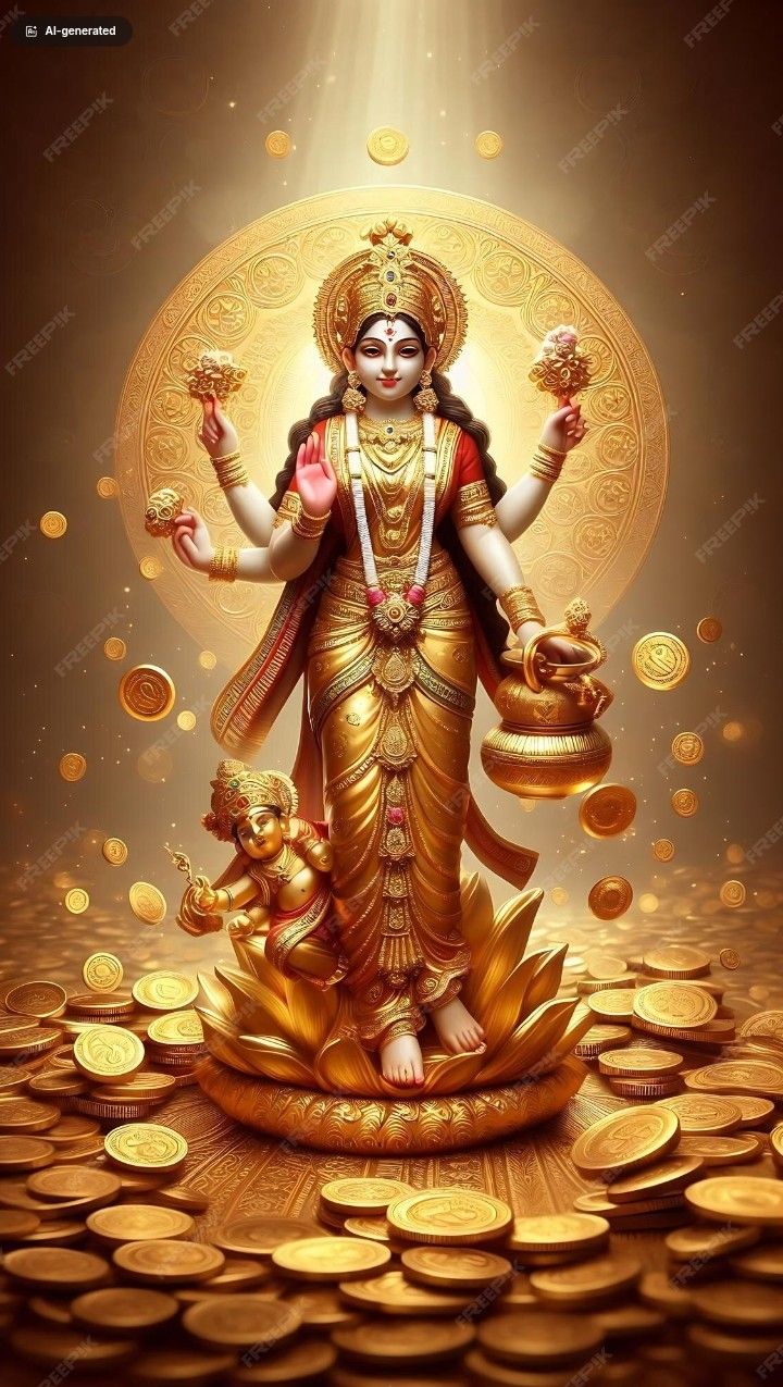 Goddess Lakshmi showering golden coins.