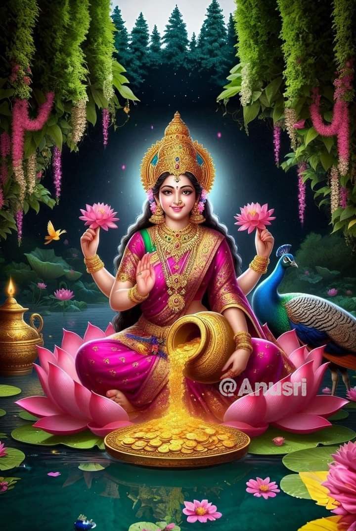 Goddess Lakshmi seated on lotus flowers