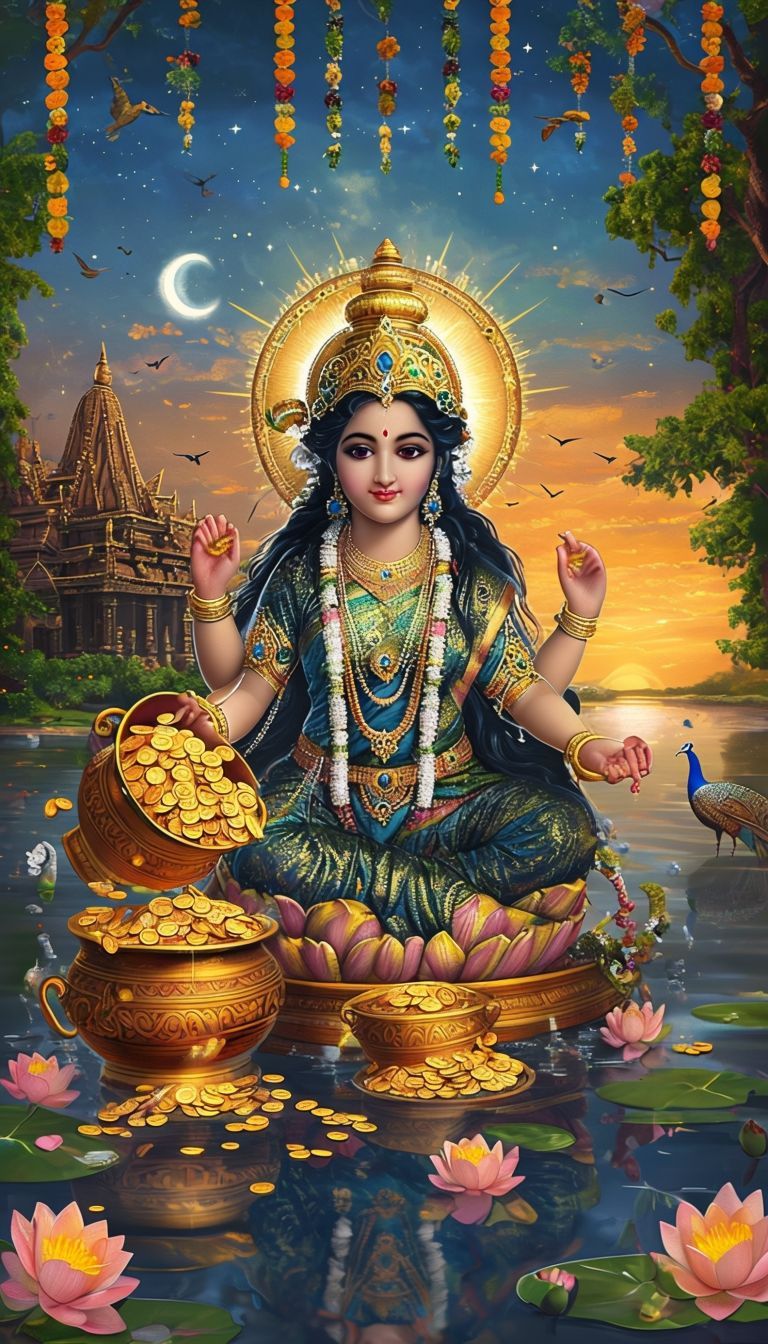 Goddess Lakshmi seated on a lotus flower
