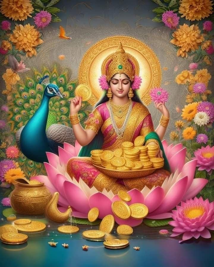 Goddess Lakshmi seated on a lotus.