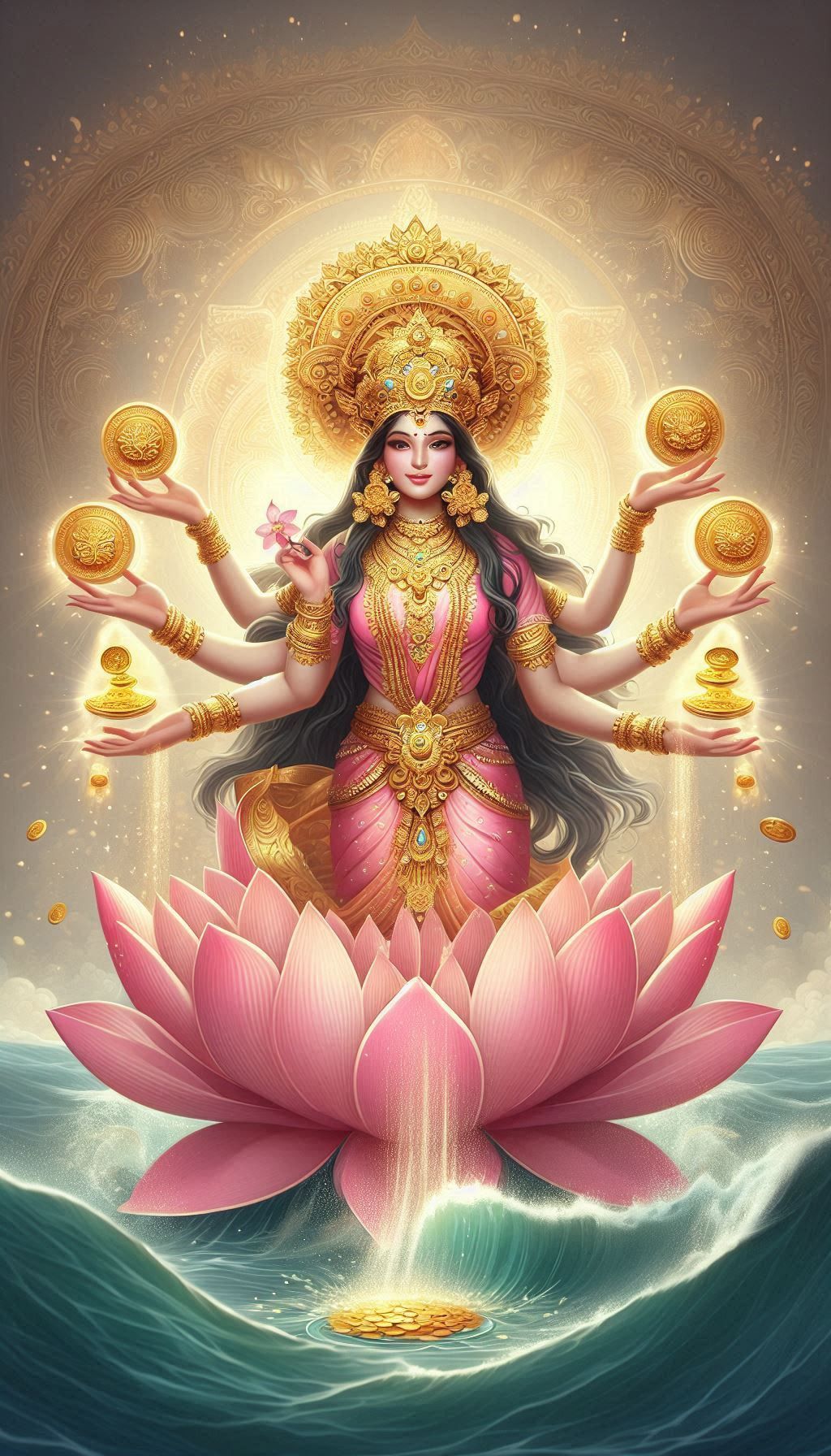 Lakshmi Maa on pink lotus wallpaper