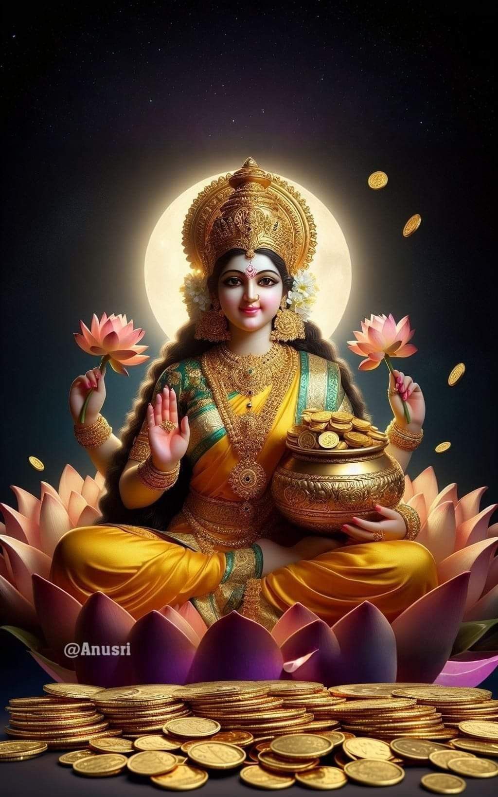 Goddess Lakshmi seated on lotus flower