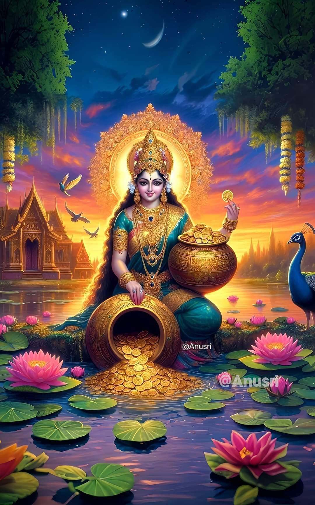 Goddess Lakshmi seated on lotus flowers