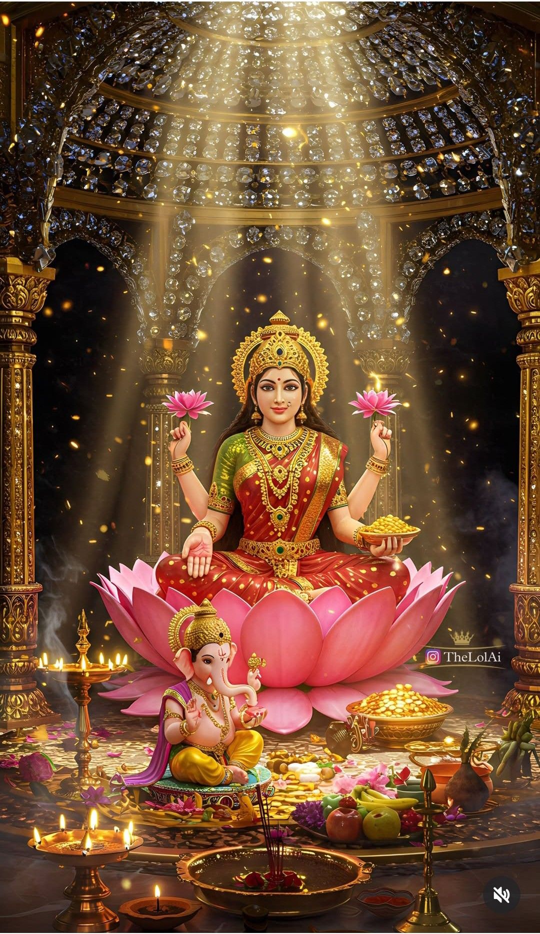 Lakshmi Maa seated on lotus, Ganesha