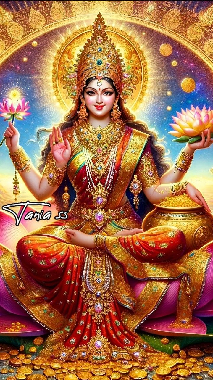 Goddess Lakshmi seated with lotus flowers