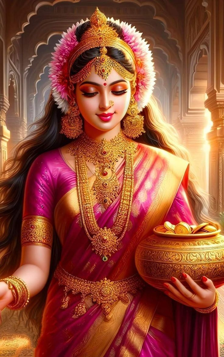 Goddess Lakshmi holding golden coins.