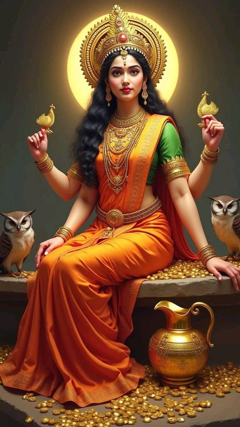Goddess Lakshmi seated on gold coins