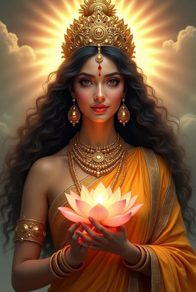 Lakshmi Maa holding a glowing lotus flower