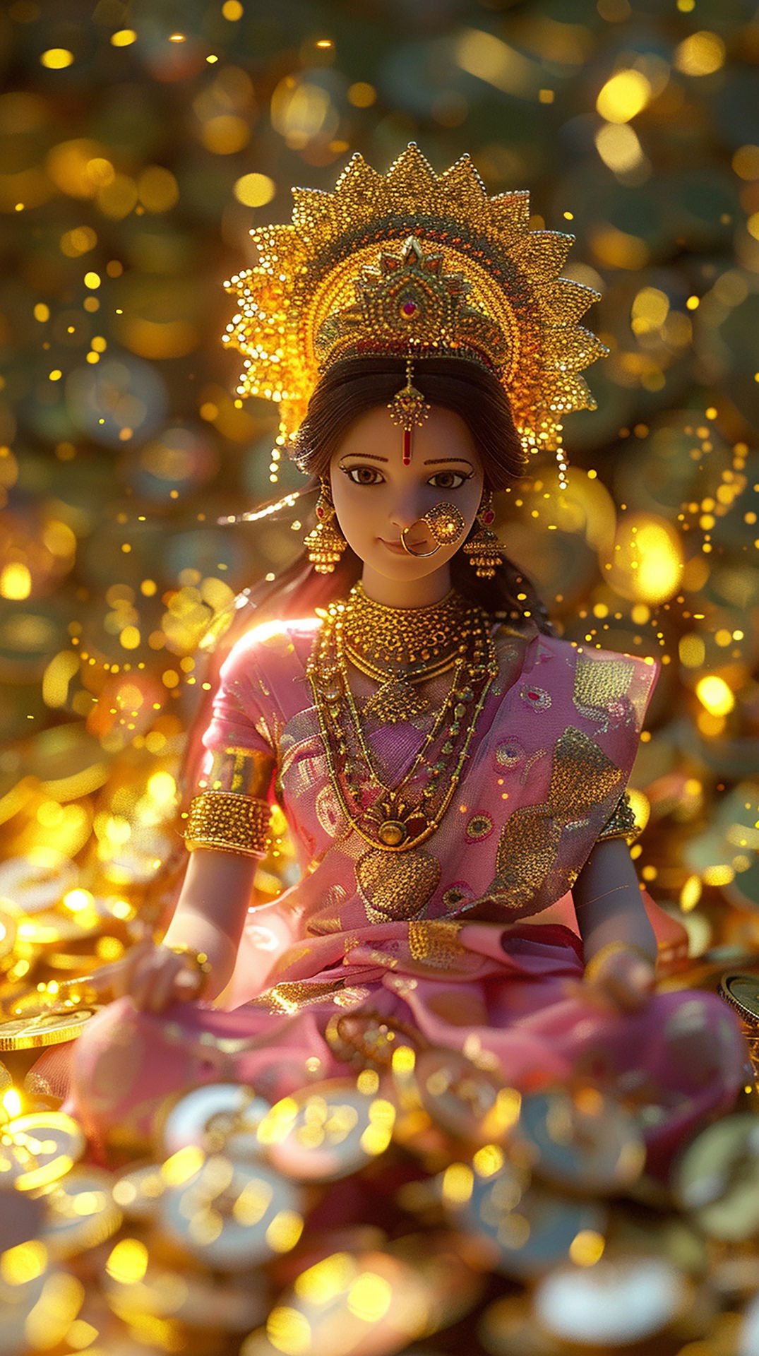 Goddess Lakshmi portrait with golden sparkle