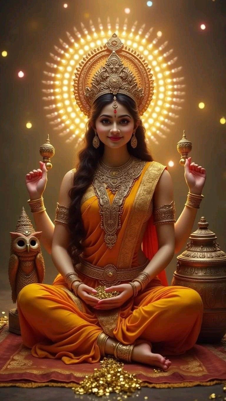 Goddess Lakshmi bestows blessings and wealth.