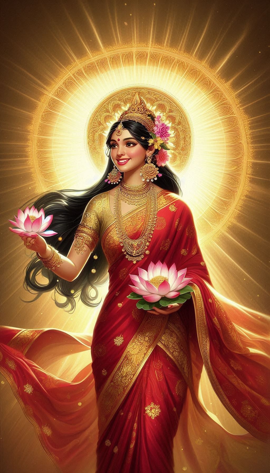 Goddess Lakshmi with lotus flowers, radiant.