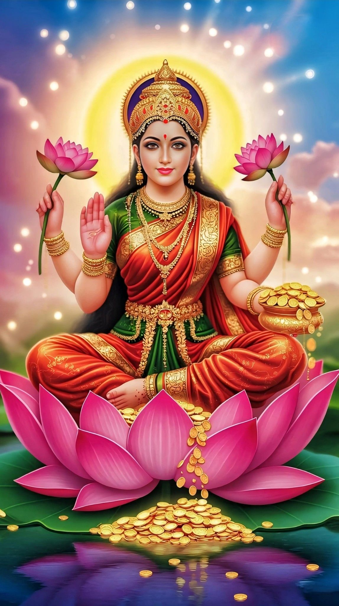 Lakshmi Maa seated on lotus flower.